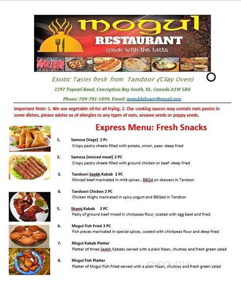 Menu of Mogul Restaurant in Conception Bay South, NL A1W 5R6