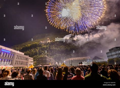 Vaduz National Day of Liechtenstein : spectators, fireworks, bank Neue ...