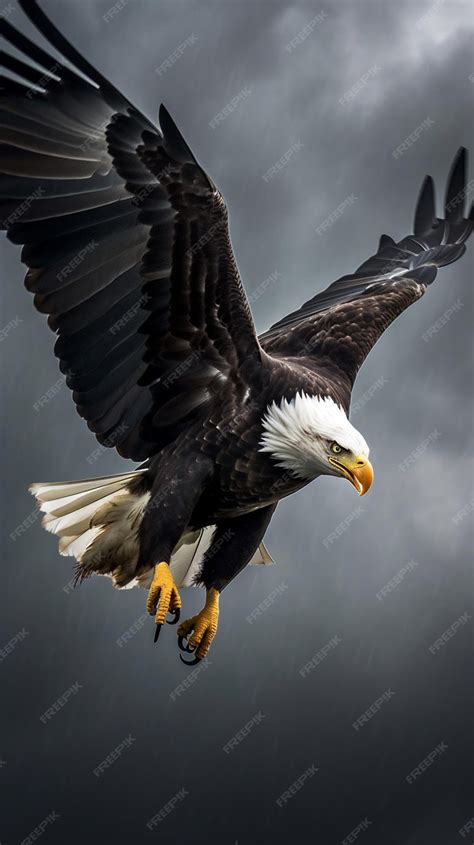 Premium Photo | A bald eagle flies in the sky with the sky behind it.