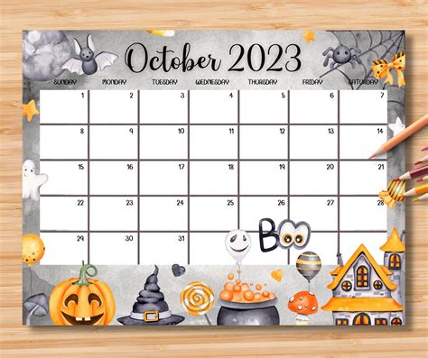 October Calender, October Calendar Printable, Cat Calendar, Digital Calendar, Planner Calendar ...