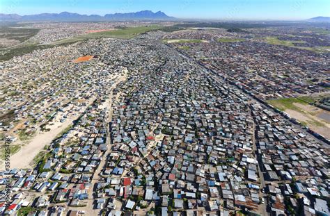 Cape Town, Western Cape / South Africa - 06/06/2018: Aerial photo of Khayelitsha township with ...