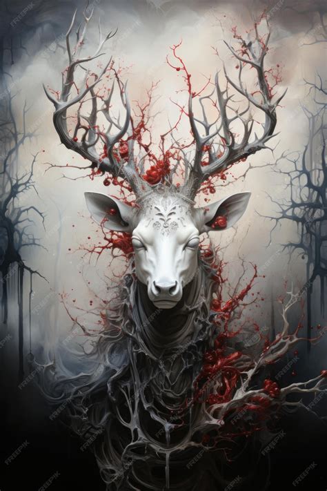 Premium AI Image | A painting of a deer with blood splattered on its antlers ai