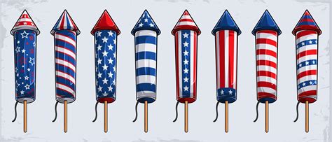 4th of July firework cracker rockets collection with USA flag pattern for American independence ...