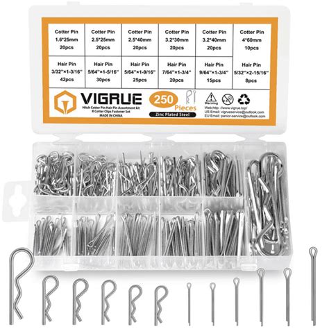 VIGRUE 250PCS Cotter Pin Hairpin Assortment Kit Zinc Plated Steel Hitch ...