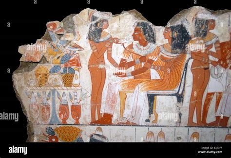 Fresco from the tomb of Nebamun, Fragment of a polychrome tomb-painting showing a banquet scene ...