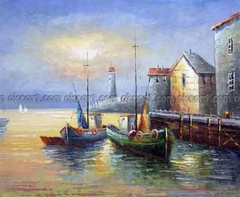 100% hand painted Old Fishing Village Boats Docks Pier Seascape Oil On Canvas Painting Art free ...