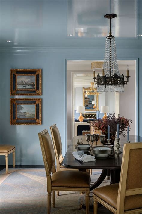 Light Blue Lacquer Traditional Dining Room | Blue dining room walls ...