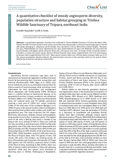 (PDF) A quantitative checklist of woody angiosperm diversity, population structure and habitat ...