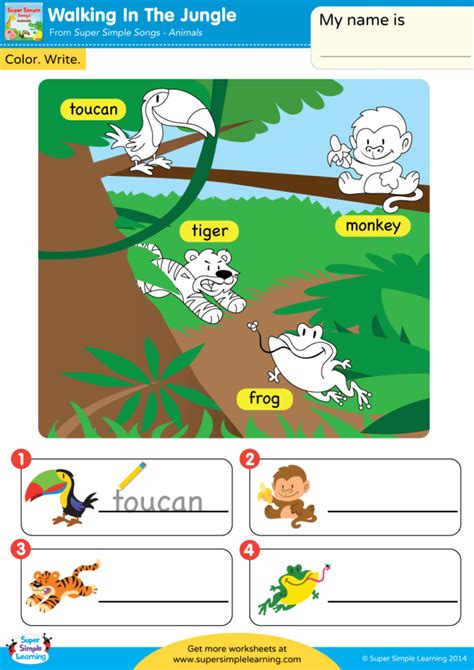 Walking In The Jungle Worksheet - Color & Write - Super Simple