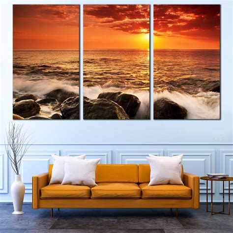 Ocean Sunset Canvas Wall Art, Ocean Rock Boulders 3 Piece Canvas Print – Dwallart