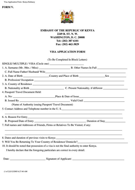 Visa Application Form Kenya Embassy printable pdf download