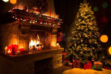 Christmas Interior with Tree, Presents and Fireplace Stock Photo - Image of merry, living: 76732394