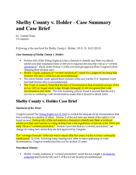 Shelby County Article - Shelby County v. Holder - Case Summary and Case Brief by: Content Team 5 ...