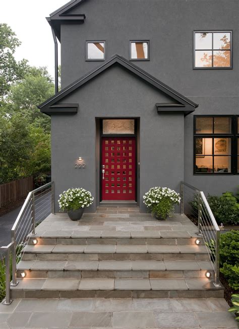 grey house black trim red door - Sena Gleason