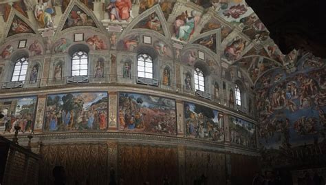 Semi-panorama of the wall of the Sistine chapel in Vatican City. : Catholicism