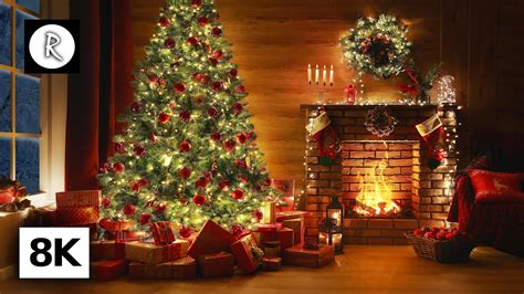 Christmas Fireplace 8K w/ Crackling Fire, Snowstorm & Howling Winds ...