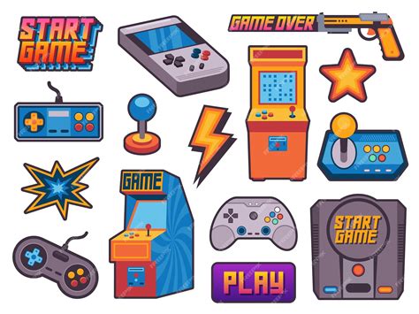 Premium Vector | Video game stickers vintage gamer assets with pixel 8 bit icons cartoon ...