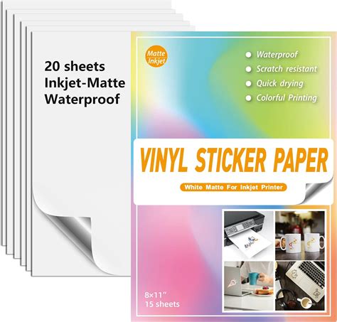 Waterproof Printable Vinyl Stickers Paper for Inkjet Printer- 20 Matte White Decal Paper Cricut ...