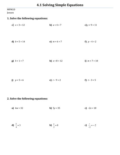 4.1 solve simple equations worksheet