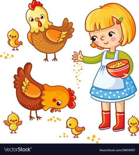 Girl feeding hens and chickens Royalty Free Vector Image