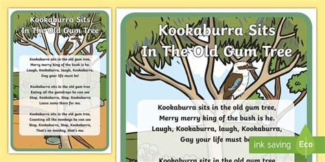 Kookaburra Sits in the Old Gum Tree Song Display Poster - Twinkl