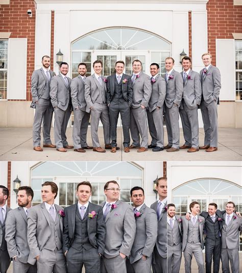 Groom in dark gray suit with groomsmen in light gray suits | Maddie ...