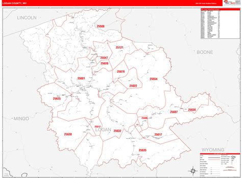 Logan County, WV Zip Code Wall Map Red Line Style by MarketMAPS