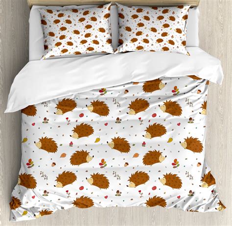 Hedgehog King Size Duvet Cover Set, Love of Nature Theme Nuts Leaves Mushrooms and Playful ...