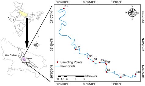 Location map of sampling sites and River Gomti | Download Scientific ...