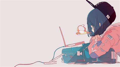 Chill Anime Girl with Laptop - HD Wallpaper