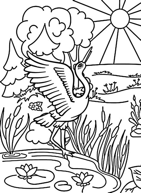 Crane Bird on a Sunny Day Coloring Page - Free Printable Coloring Pages