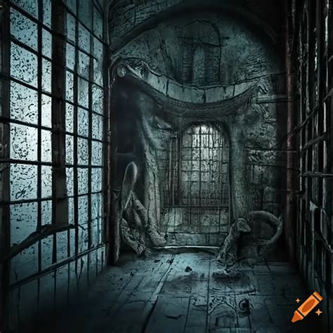 Concept art of a prison cell with monsters