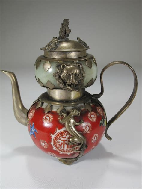 Sold Price: Antique Chinese metal, jade & porcelain teapot - July 5, 0118 2:00 PM EDT