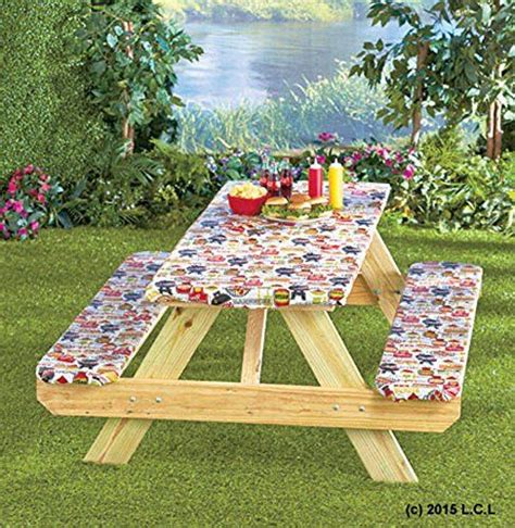 3 Piece Fitted Picnic Table & Bench Seat Cover Set SUMMERTIME COOKOUT Elastic Fit Patio ...