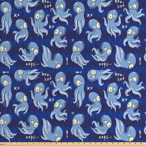 Octopus Fabric by The Yard, Cartoon Style Comical Animals Funny Drawing of Ocean Inhabitants ...