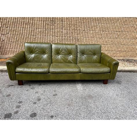 Mid Century Green Leather Upholstered Sofa | Chairish