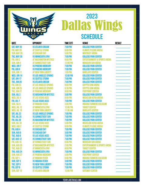 Printable2023 Dallas Wings Basketball Schedule