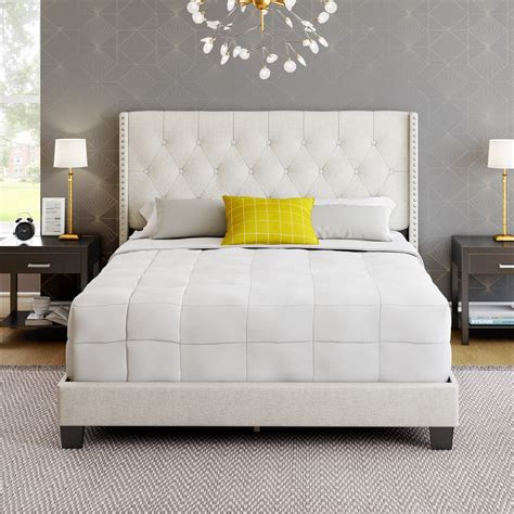 Premier Malia Linen Panel Upholstered Platform Bed Frame, Beige Queen ...