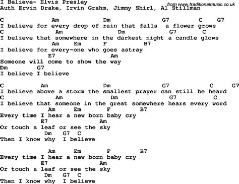 Country, Southern and Bluegrass Gospel Song I Believe- Elvis Presley Lyrics with chords