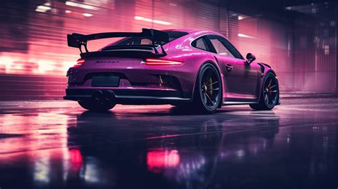 Porsche 911 GT3, classic silhouette, neon glow, midnight rain