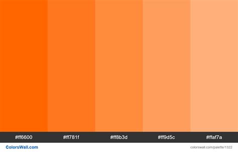 Orange tints colours. HEX colors #ff6600, #ff781f, #ff8b3d, #ff9d5c, #ffaf7a. Brand original ...