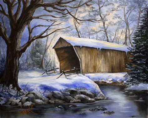 Snow Covered Bridge by Amy Stanek | Covered bridge painting, Bridge painting, Painting snow