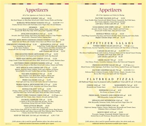 Printable Cheesecake Factory Menu