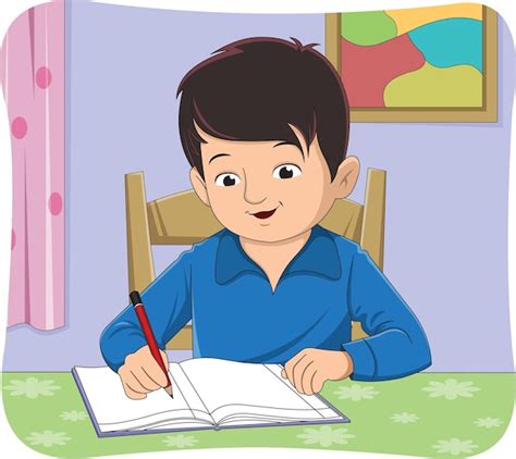 Niño escribiendo en su cuaderno con un lápiz en la mano ilustración ...