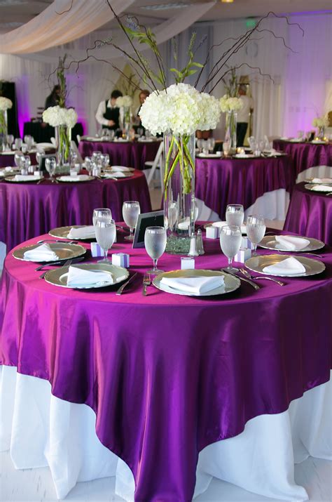 White tablecloth with purple overlay, one of my options. Use our magenta violet satin overlays ...