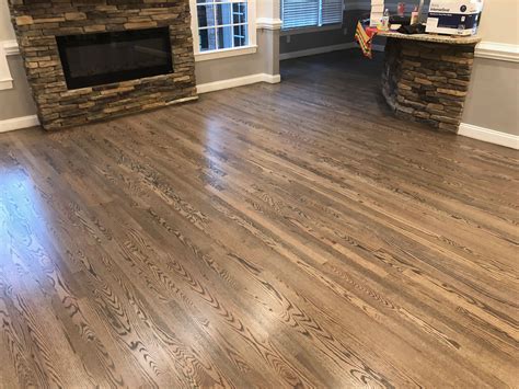 Red oak hardwood flooring stained with Bona Driftwood stain color. Finished with Bona T… | Red ...
