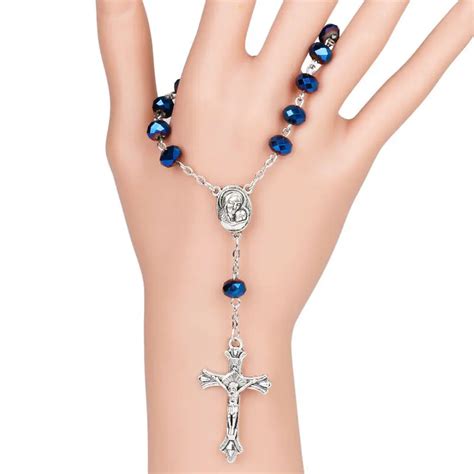 Catholic Short Rosary Bracelet Holy Soil Inside Dark Blue Glass Beads One Decade Rosary INRI ...