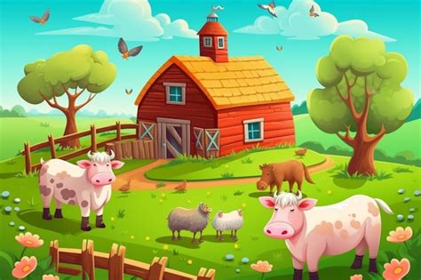 Premium Photo | Cartoon farm scene with cows and sheep in the field ...