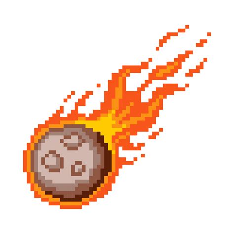 Falling fiery pixel meteor. Flaming asteroid rushing towards planet ...