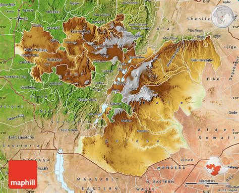 Physical Map of Oromiya, satellite outside